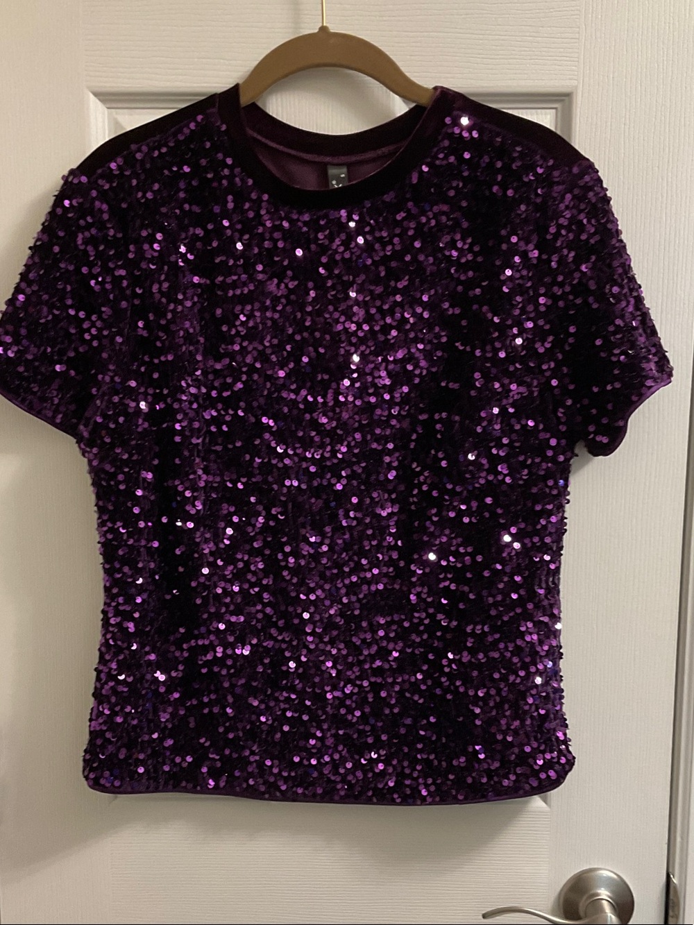 Allegra K Purple Sequin Short-Sleeve Tee